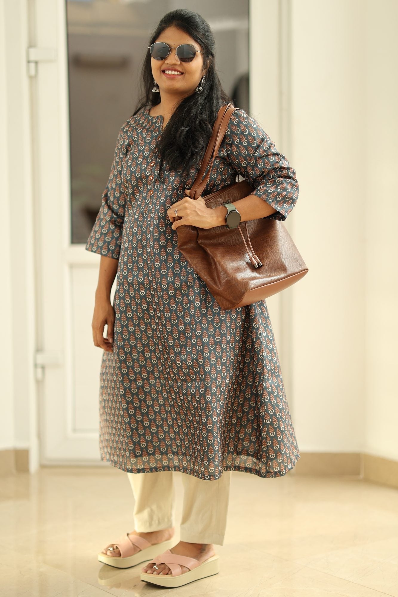 Teal Green Tussar Print 30+ Women Everyday Office Kurta (Top Only) | MAGI0021