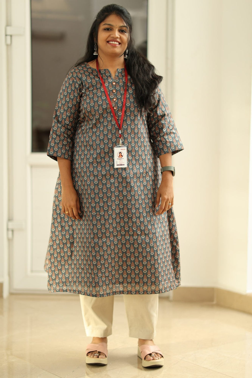 Teal Green Tussar Print 30+ Women Everyday Office Kurta (Top Only) | MAGI0021