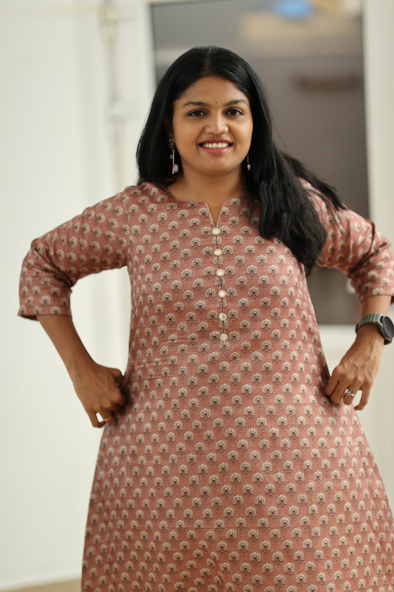 Rosewood Pink Tussar Print 30+ Women Everyday Office Kurta (Top Only) | MAGI0022