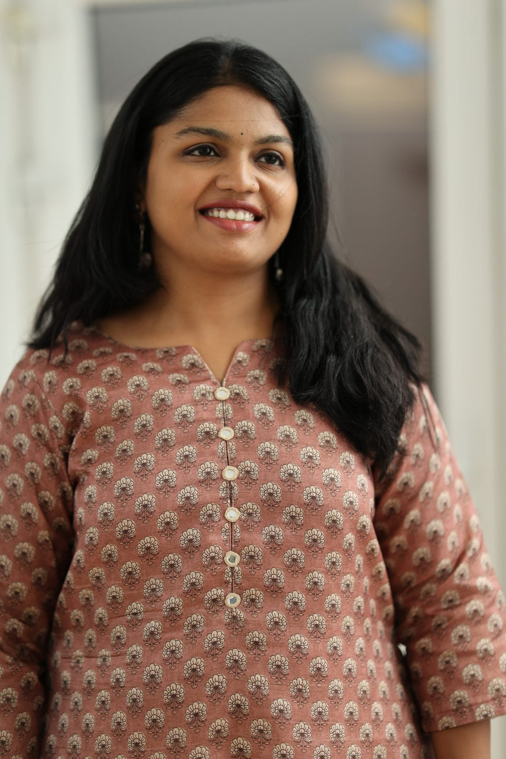 Rosewood Pink Tussar Print 30+ Women Everyday Office Kurta (Top Only) | MAGI0022