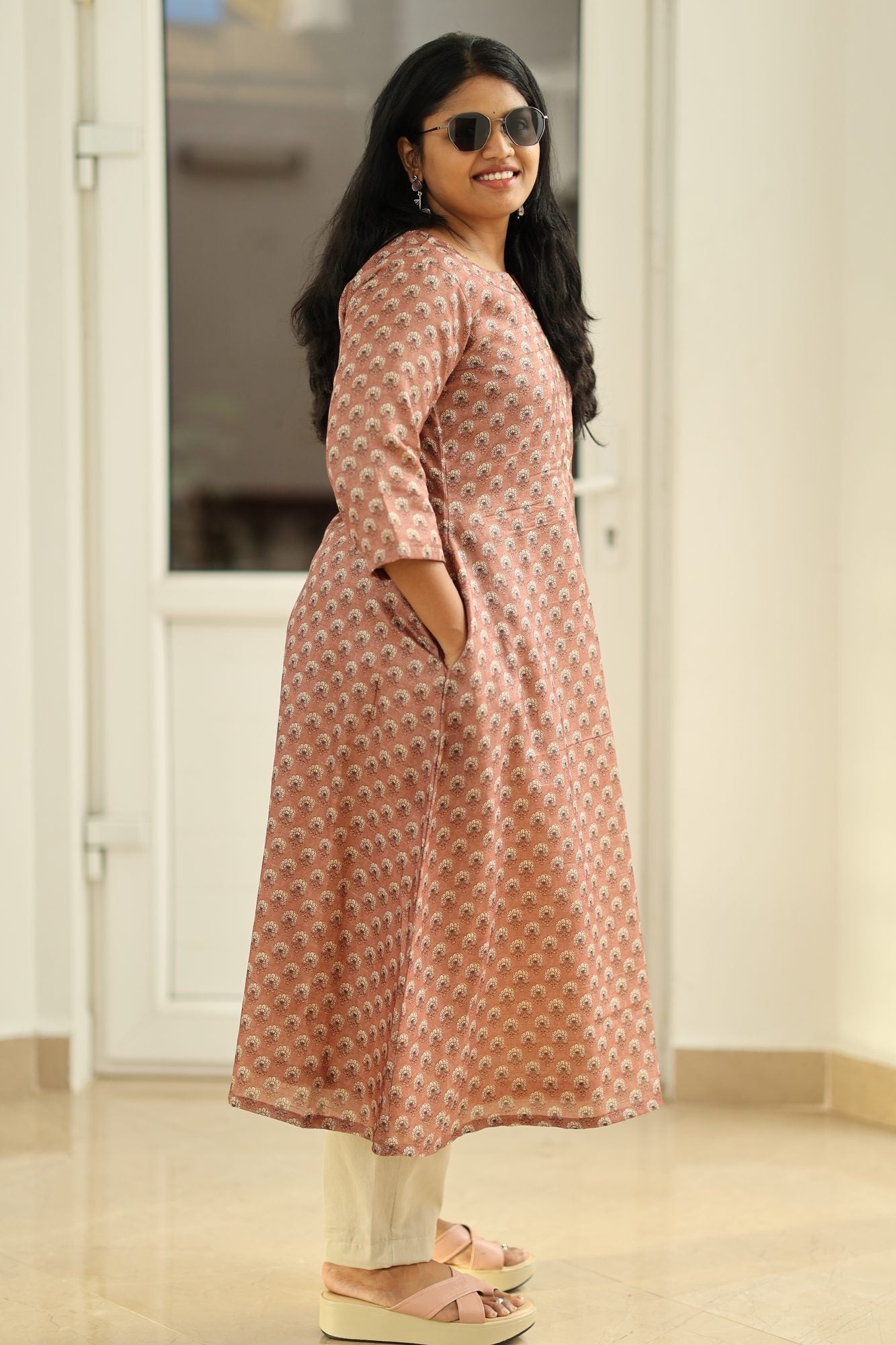 Rosewood Pink Tussar Print 30+ Women Everyday Office Kurta (Top Only) | MAGI0022