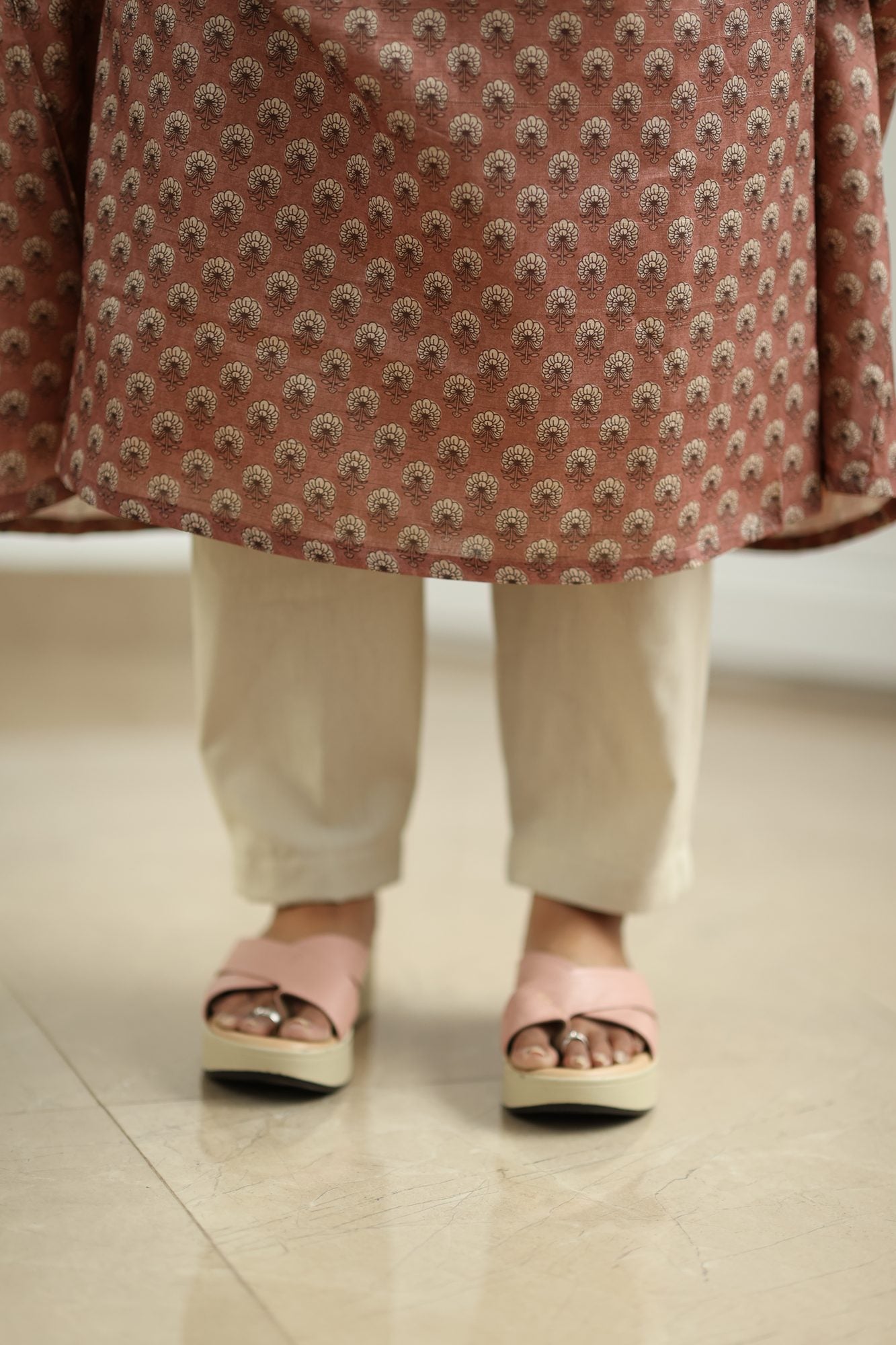Rosewood Pink Tussar Print 30+ Women Everyday Office Kurta (Top Only) | MAGI0022