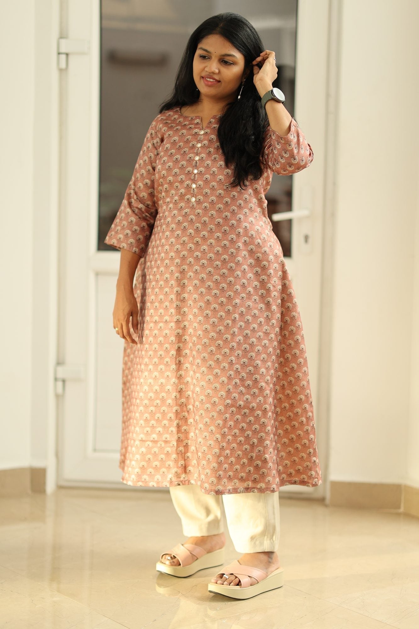 Rosewood Pink Tussar Print 30+ Women Everyday Office Kurta (Top Only) | MAGI0022