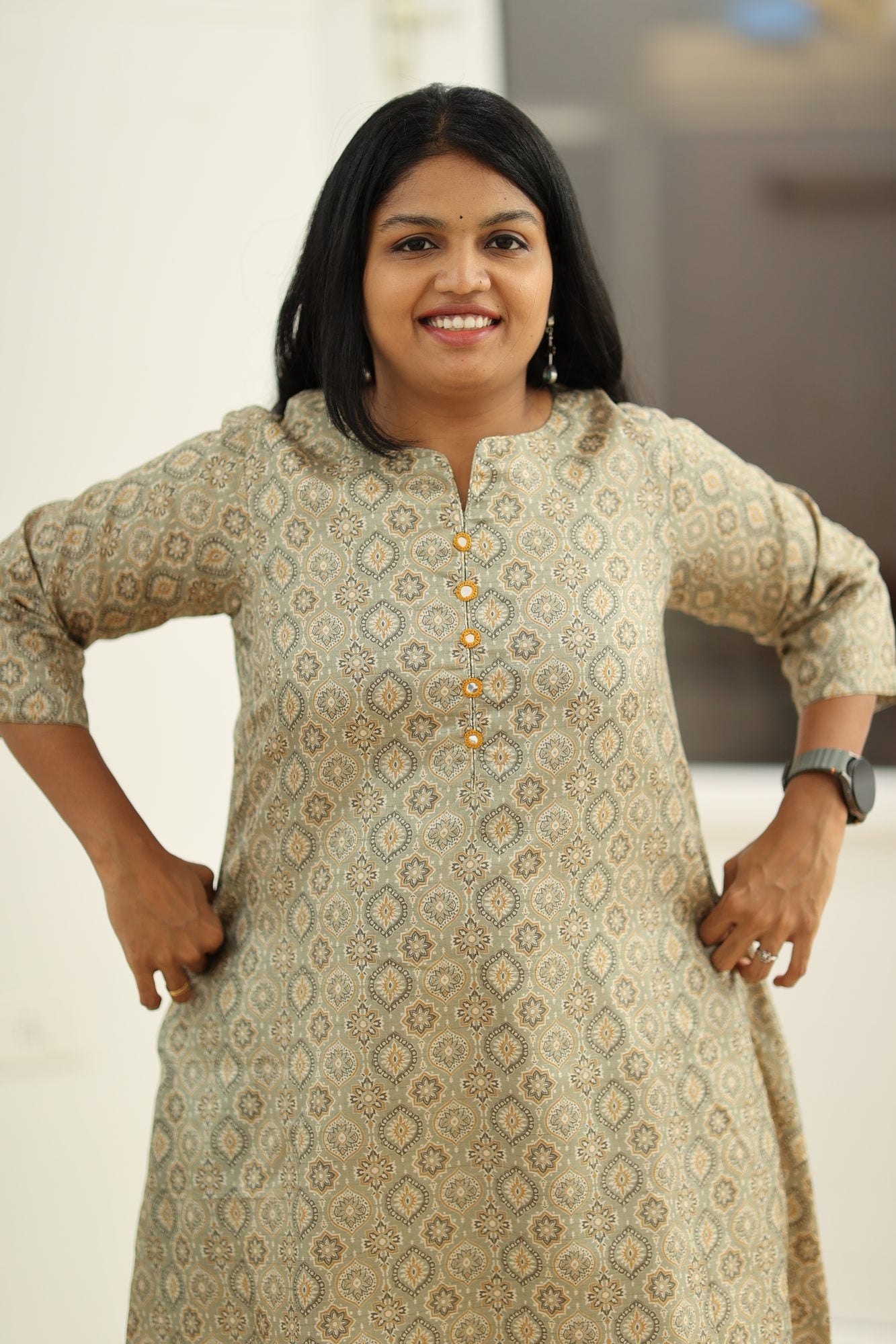 Sage Olive Tussar Print 30+ Women Everyday Office Kurta (Top Only) | MAGI0023