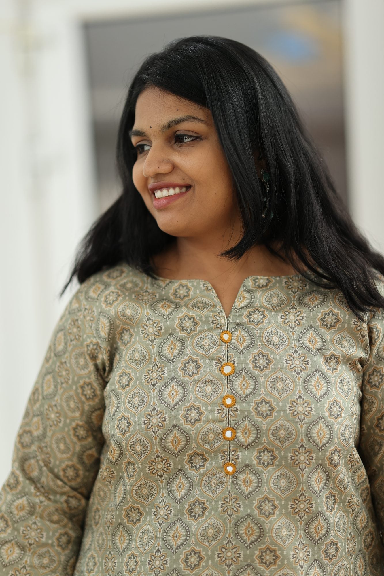 Sage Olive Tussar Print 30+ Women Everyday Office Kurta (Top Only) | MAGI0023