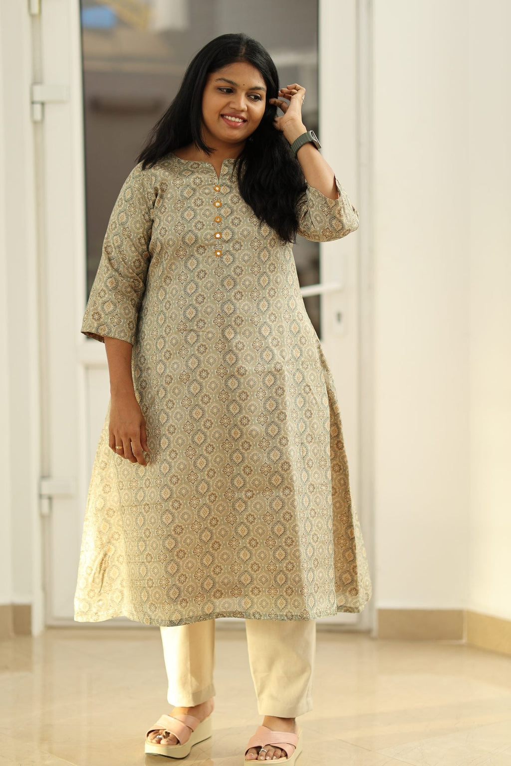 Sage Olive Tussar Print 30+ Women Everyday Office Kurta (Top Only) | MAGI0023
