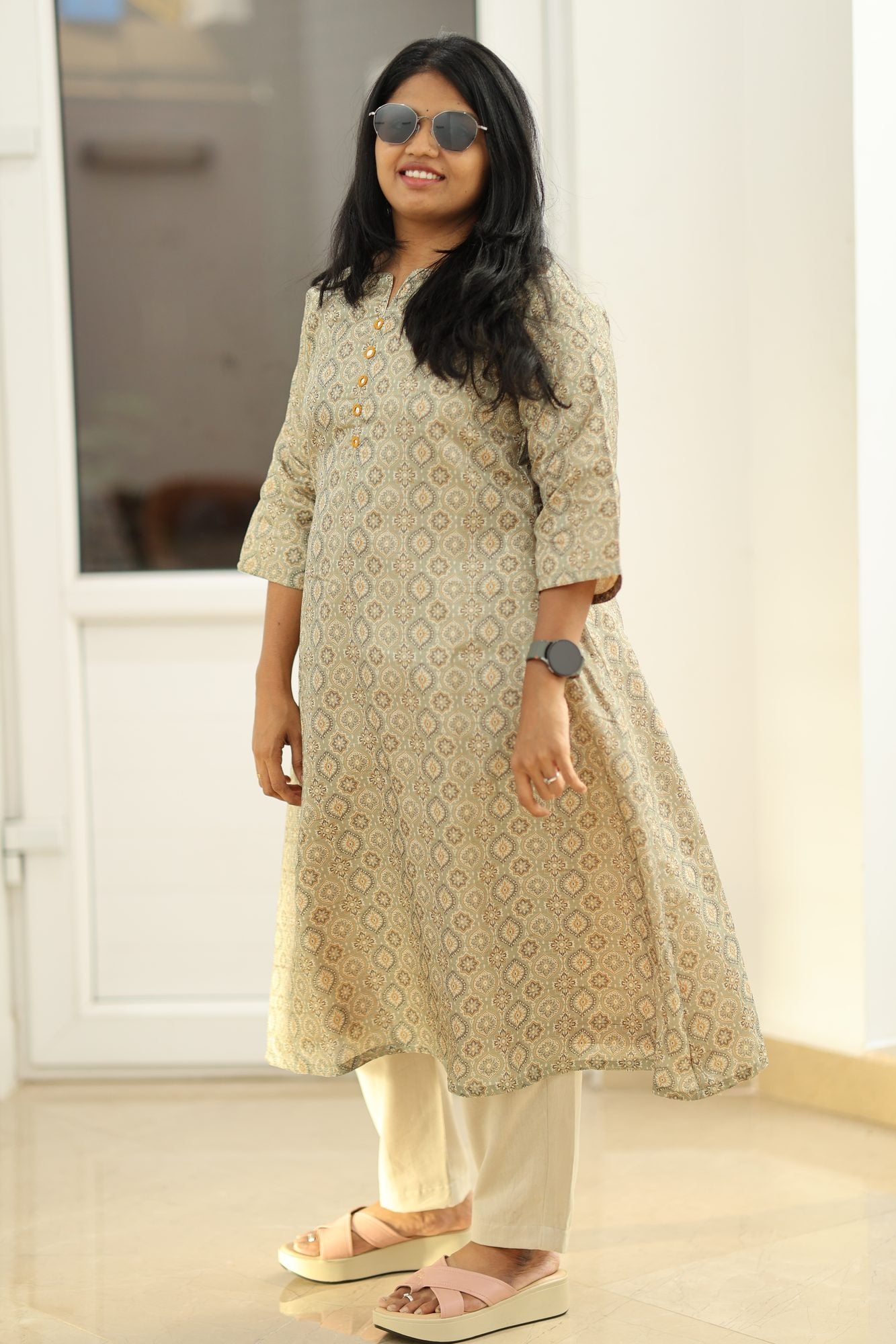 Sage Olive Tussar Print 30+ Women Everyday Office Kurta (Top Only) | MAGI0023