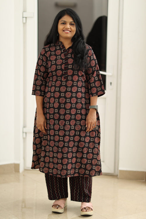 Black Ajrakh hand block print office kurta set, full view