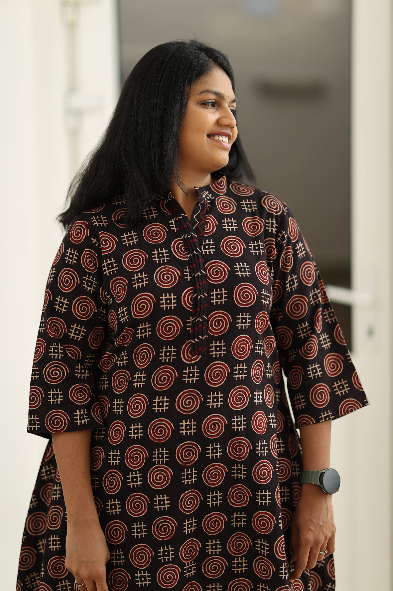 Black Ajrakh kurta, upper body close-up
