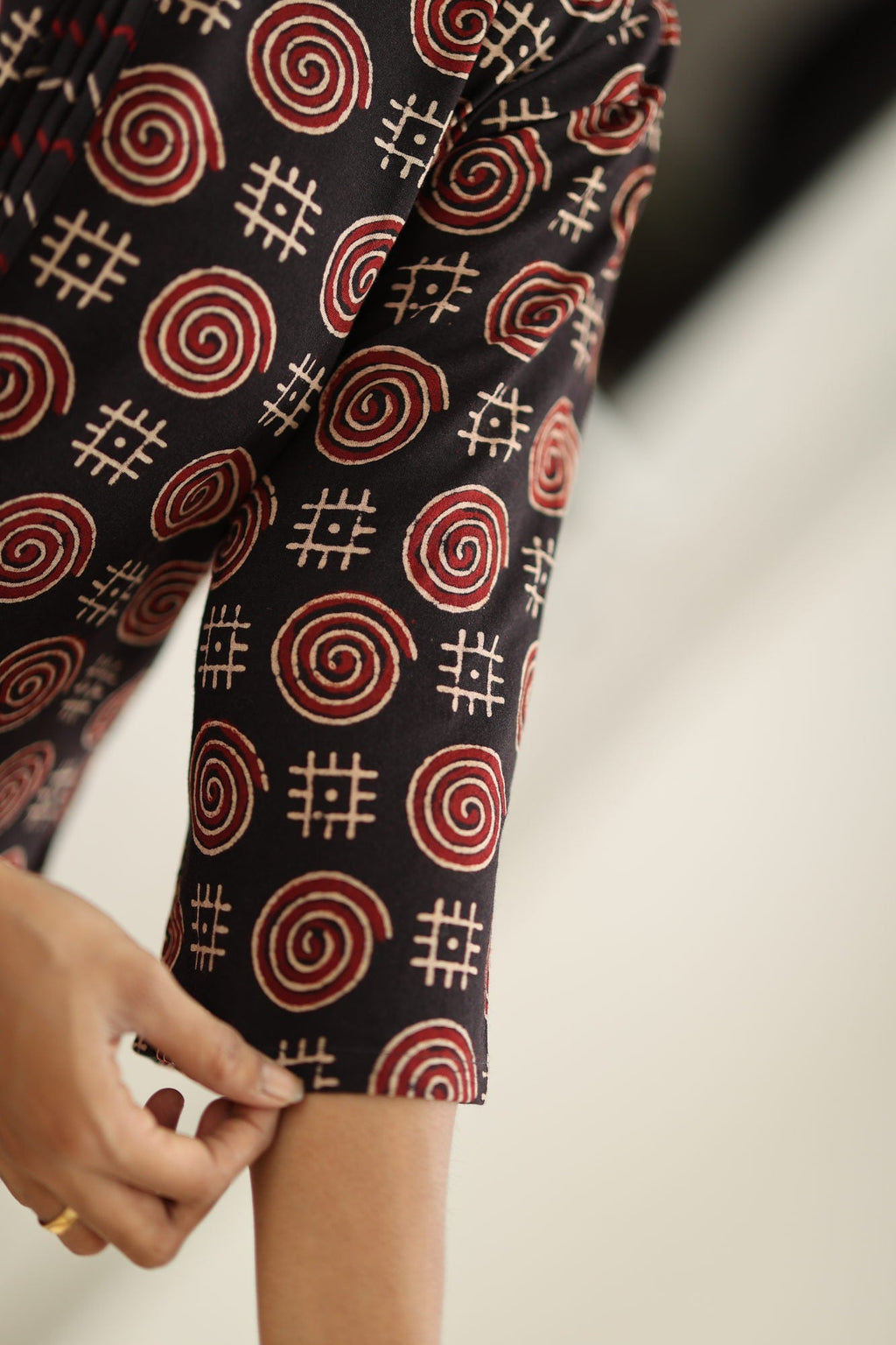 Hand block Ajrakh fabric and sleeve detail