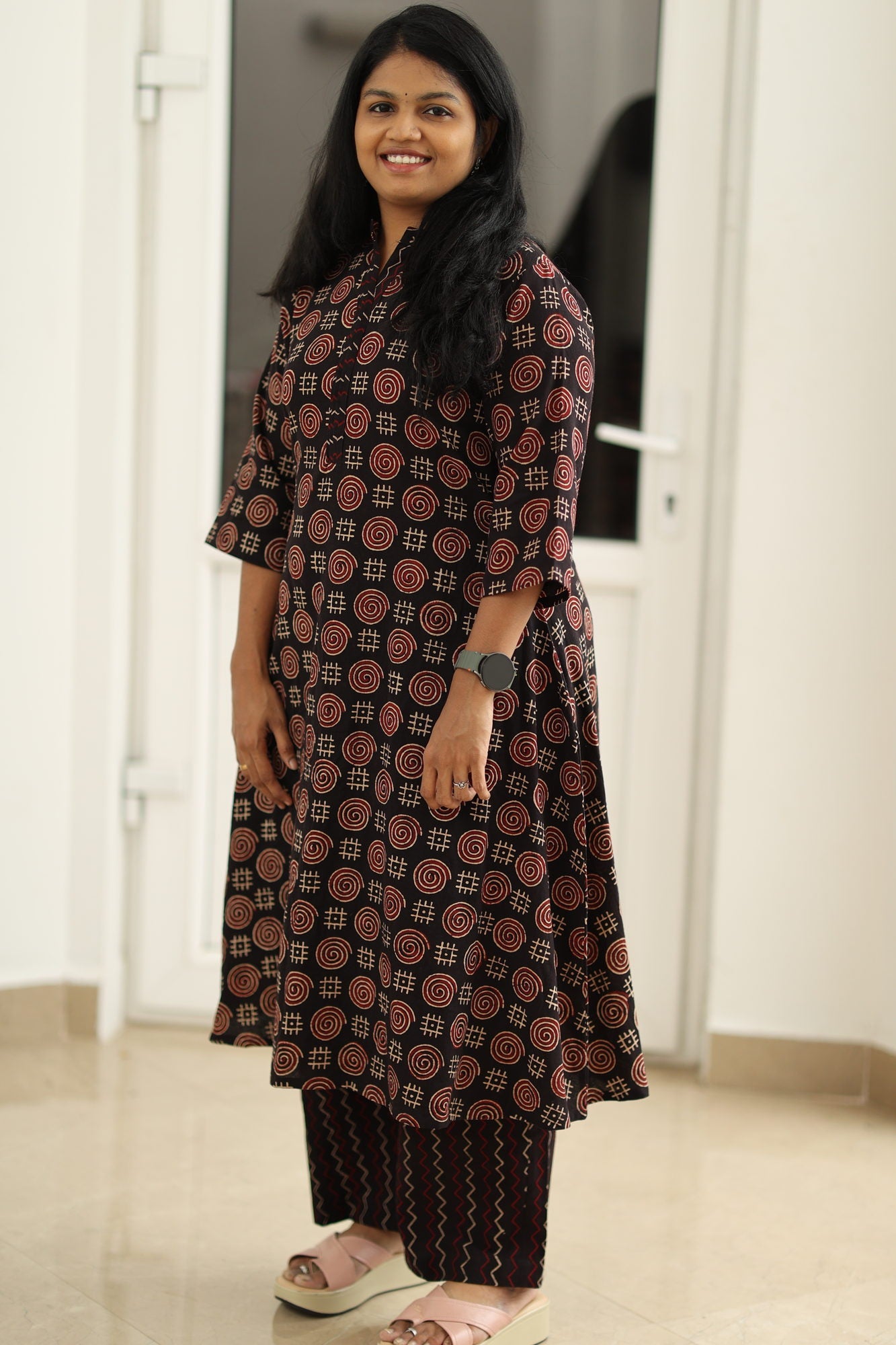 Black Ajrakh kurta set, three-quarter view