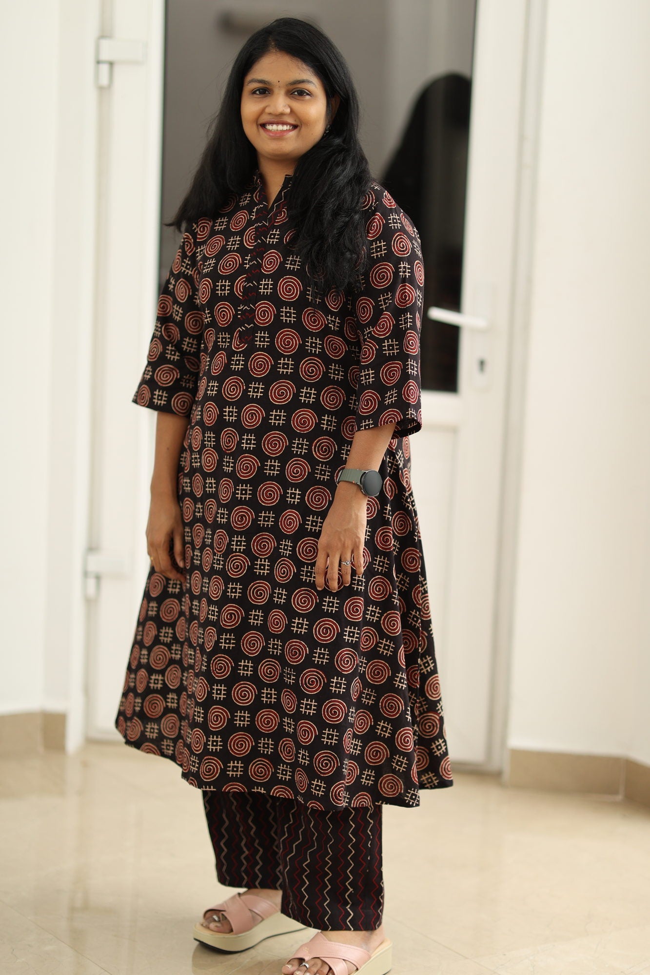 Black Ajrakh kurta set, three-quarter view