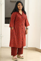 Madder red Ajrakh hand block print office kurta set, full view