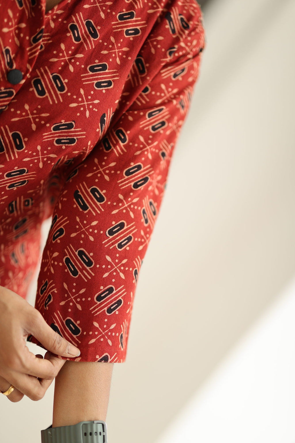 Hand block Ajrakh fabric and sleeve detail