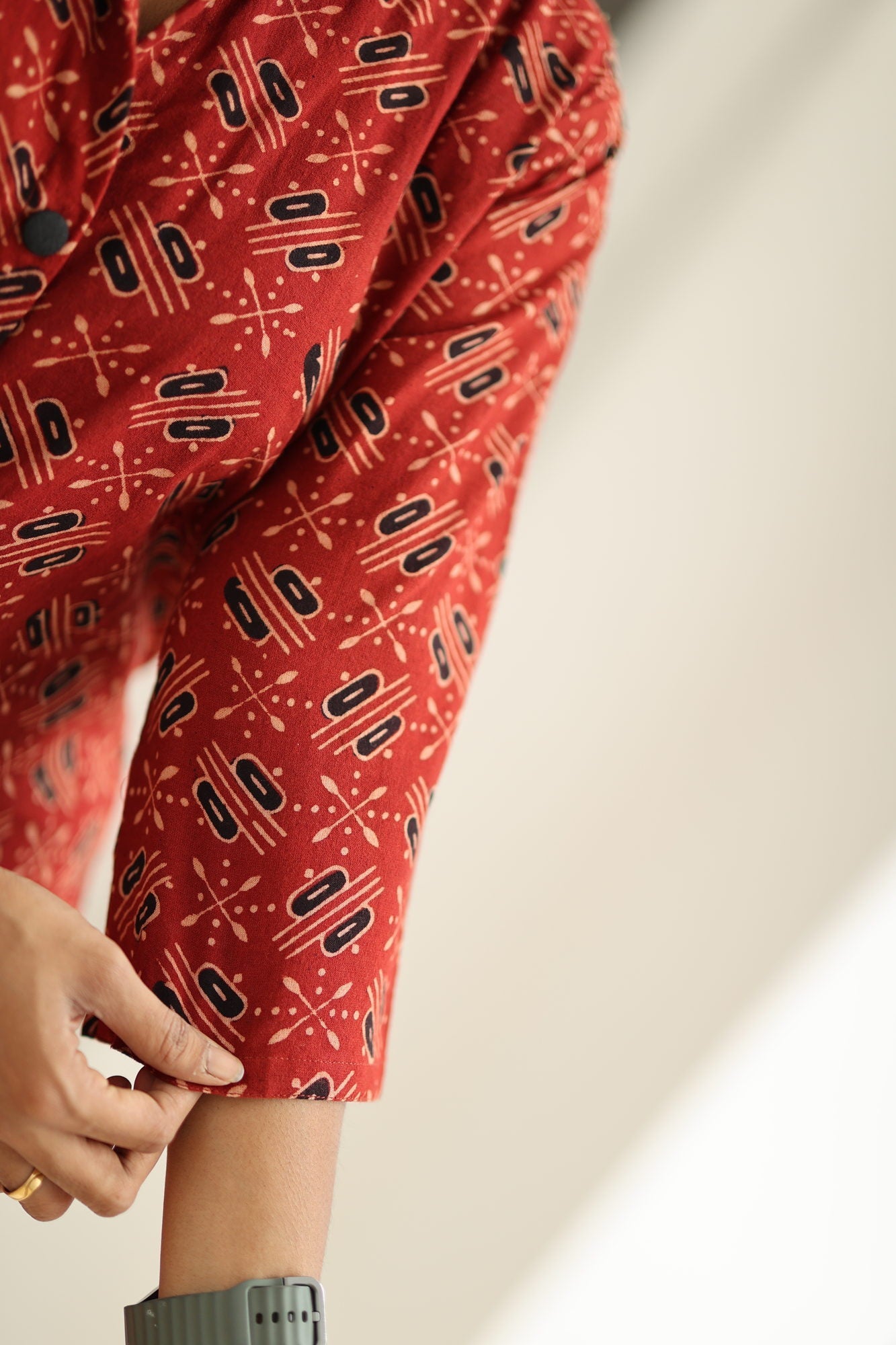 Hand block Ajrakh fabric and sleeve detail