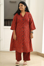 Madder red Ajrakh kurta set, front view