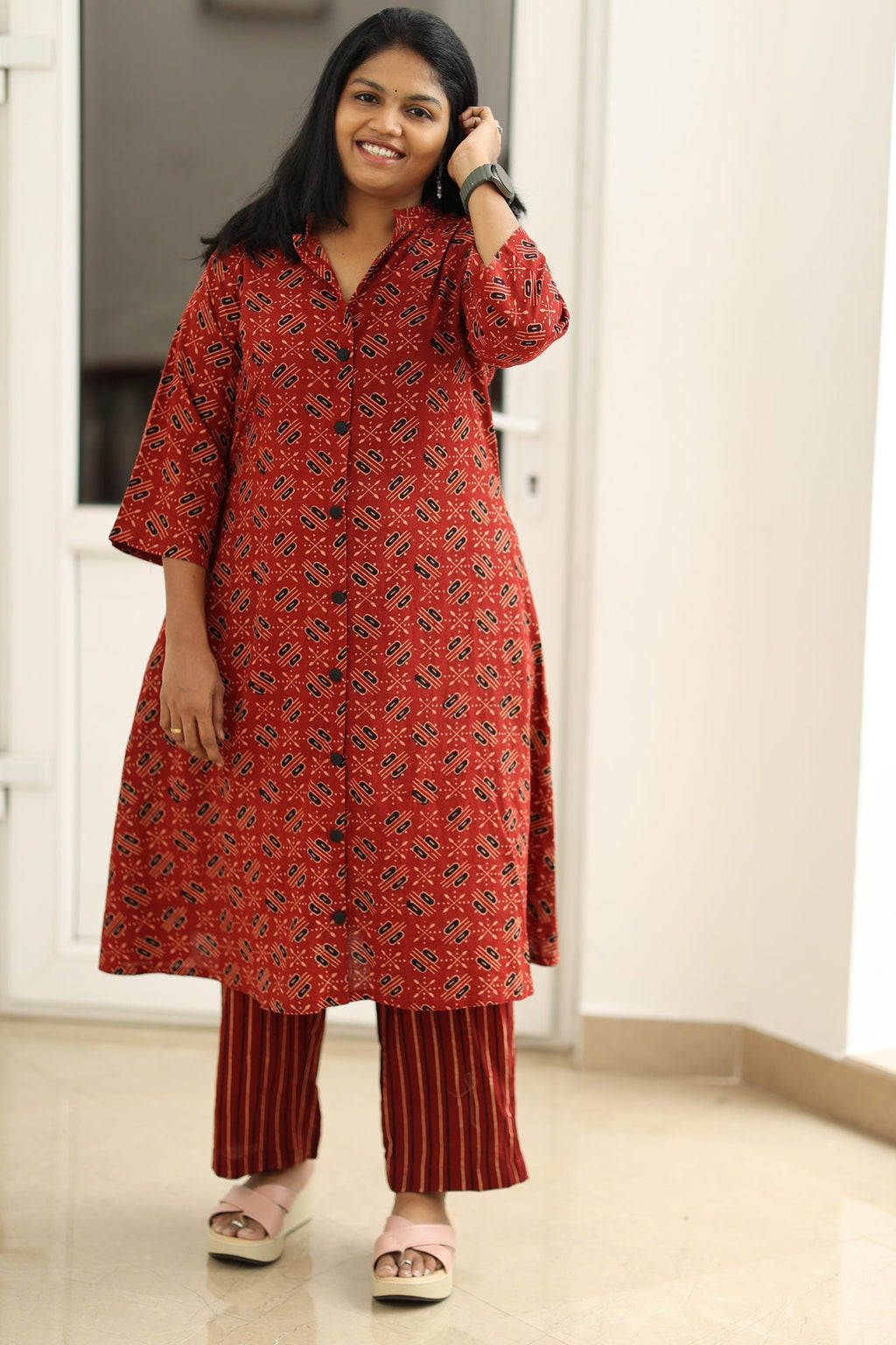 Madder red Ajrakh kurta set, styled