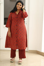 Madder red Ajrakh kurta set, styled