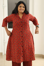 Madder red Ajrakh kurta, upper body view