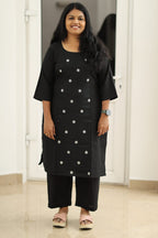 Black embroidered butta office kurta set, full view