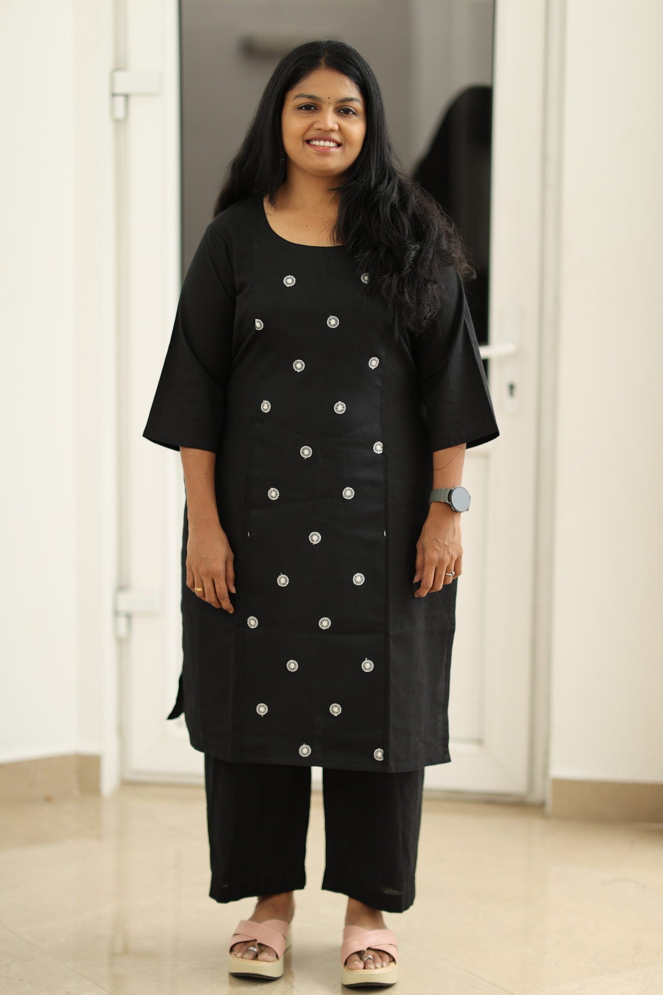 Black embroidered kurta set, front view