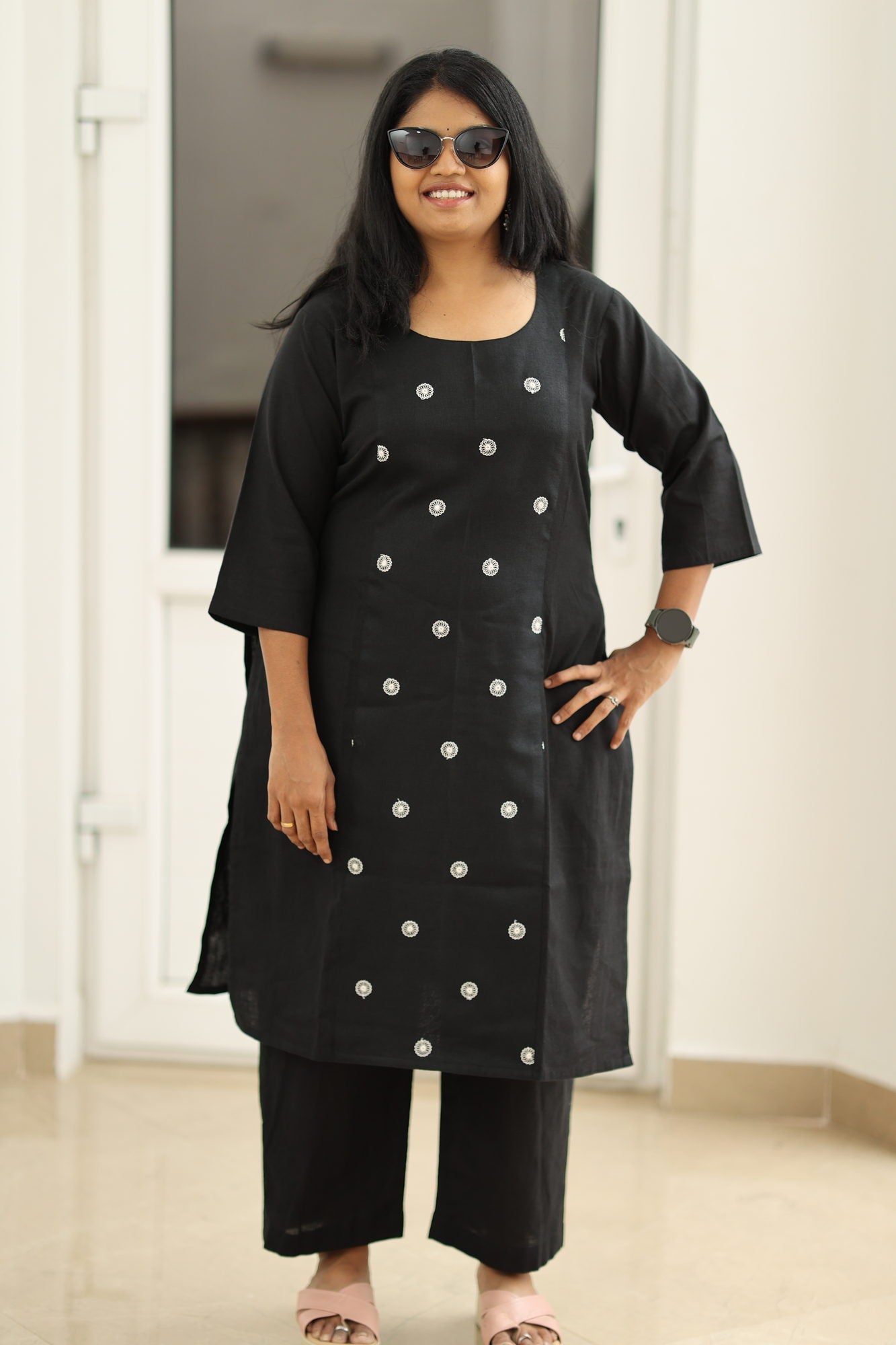 Black embroidered kurta set, styled