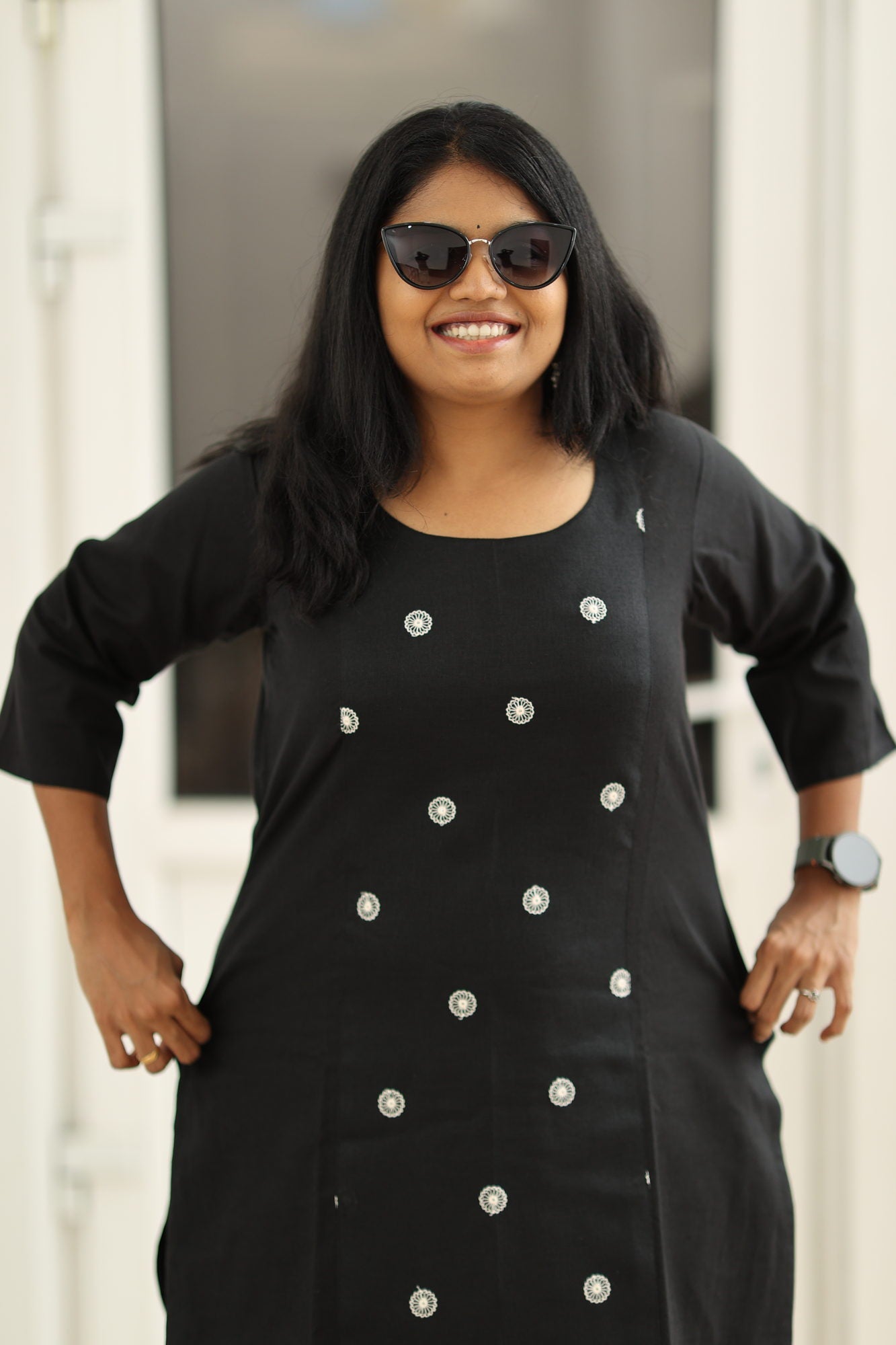 Black embroidered kurta, upper body view