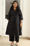 Black self-print menswear collar office kurta set, full view