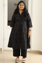 Black self-print menswear collar office kurta set, full view