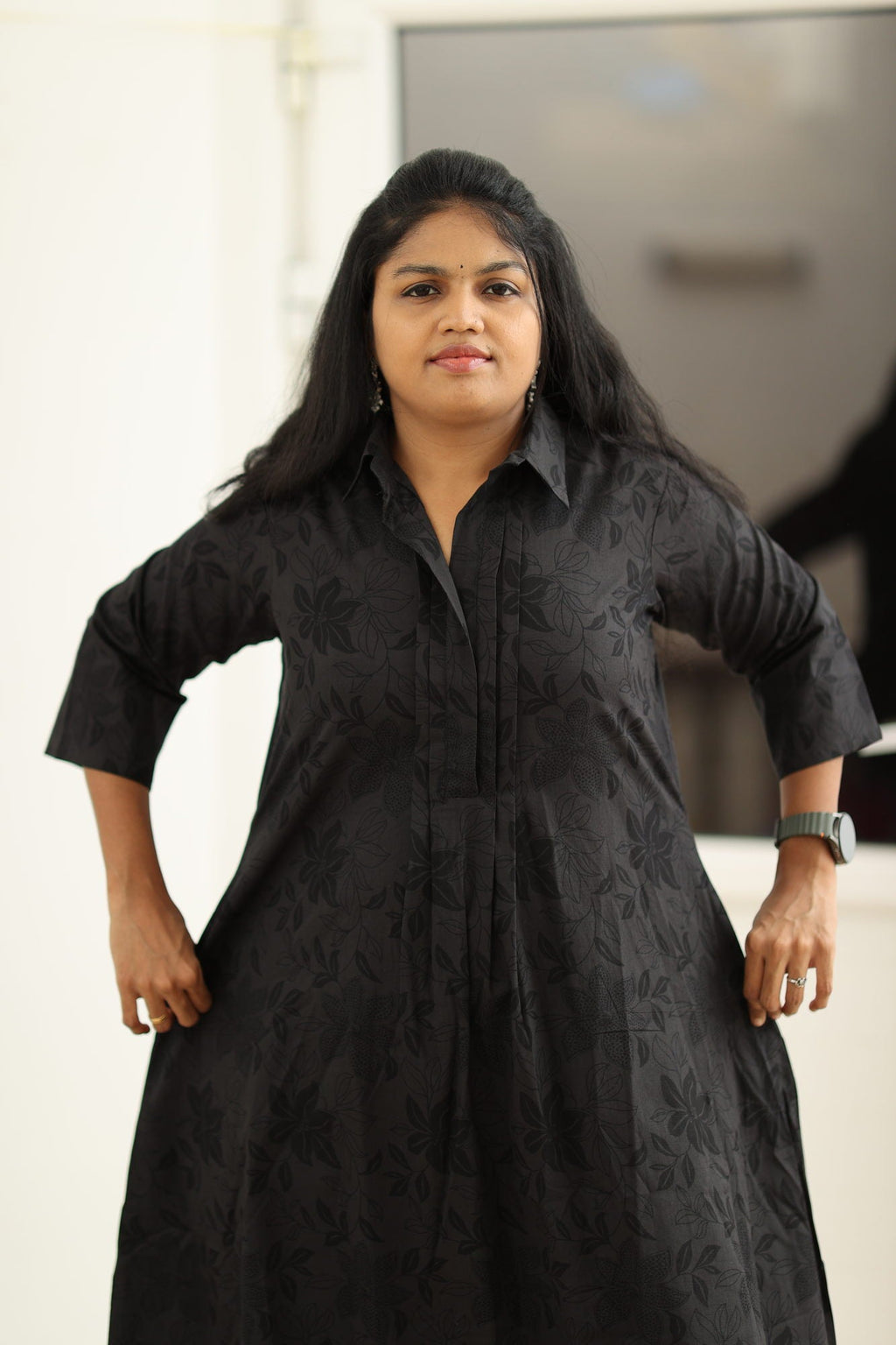 Black self-print kurta, upper body close-up