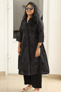 Black self-print kurta set, three-quarter view