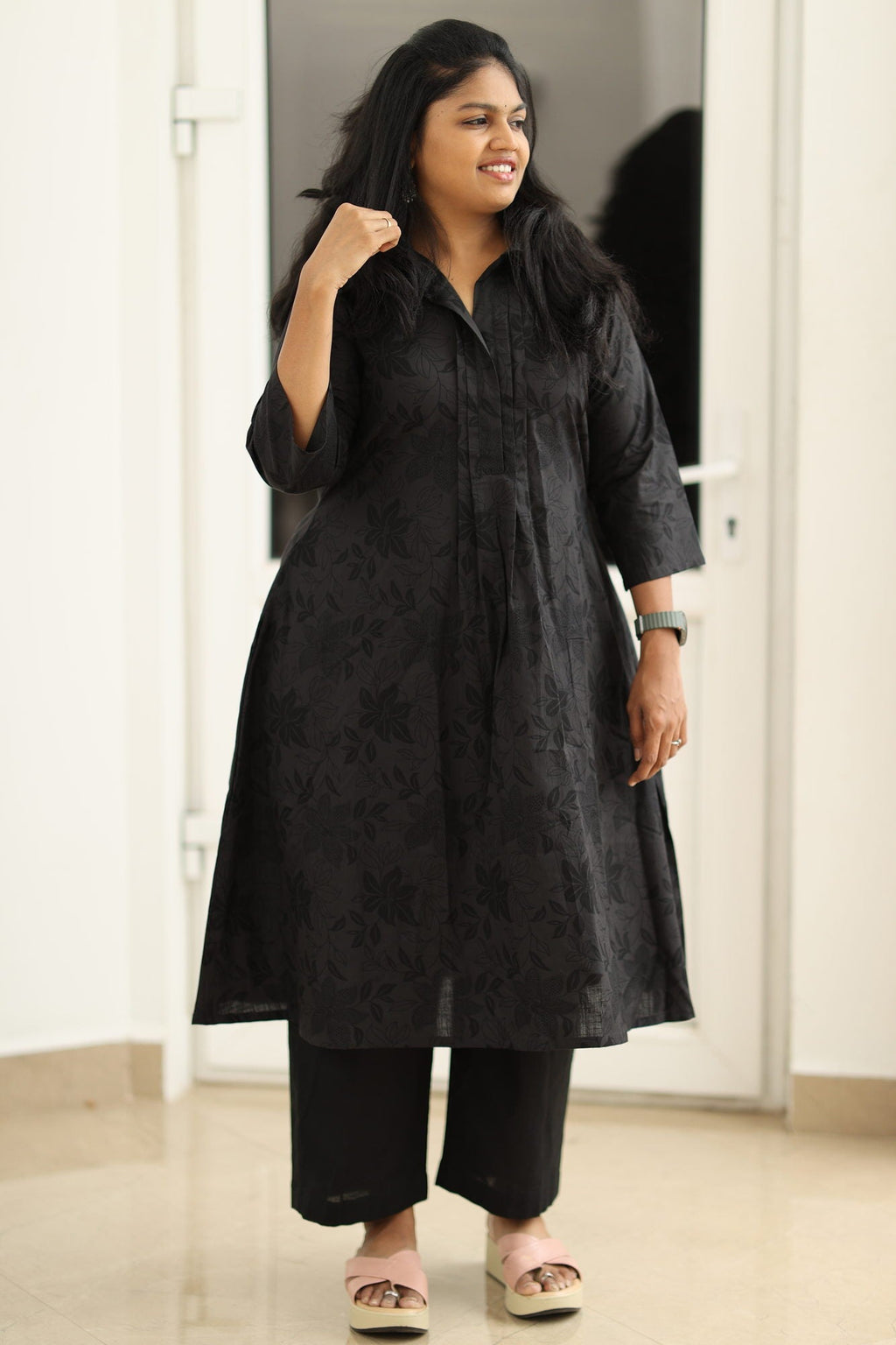Black self-print kurta set, front view