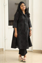 Black self-print kurta set, three-quarter view