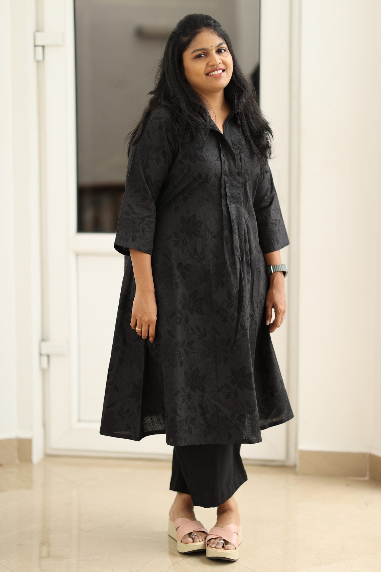 Black self-print kurta set, three-quarter view