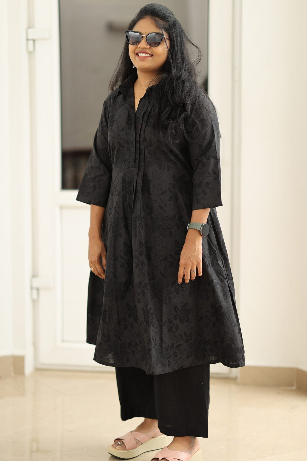 Black self-print kurta set, styled