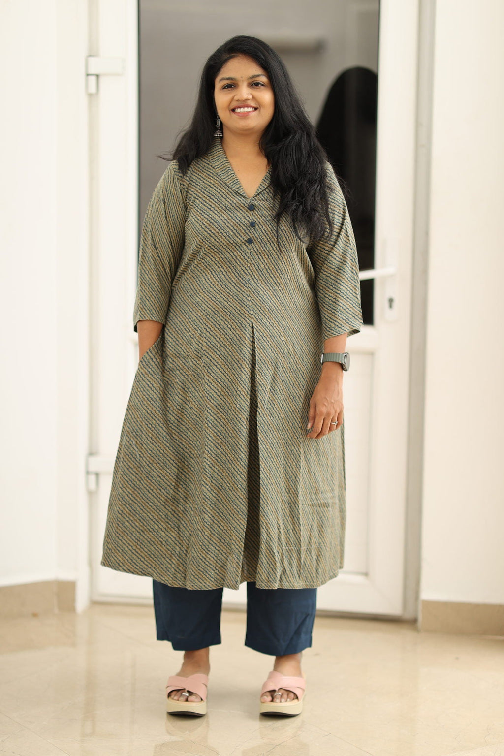 Olive indigo stripe office kurta set, full view