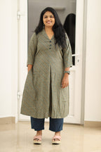 Olive indigo stripe office kurta set, full view