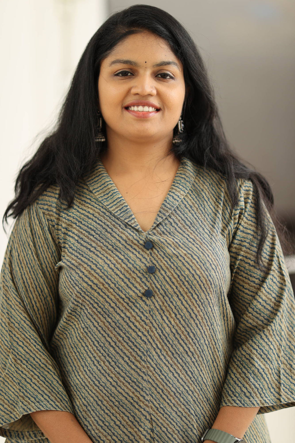 Olive indigo stripe kurta, upper body close-up
