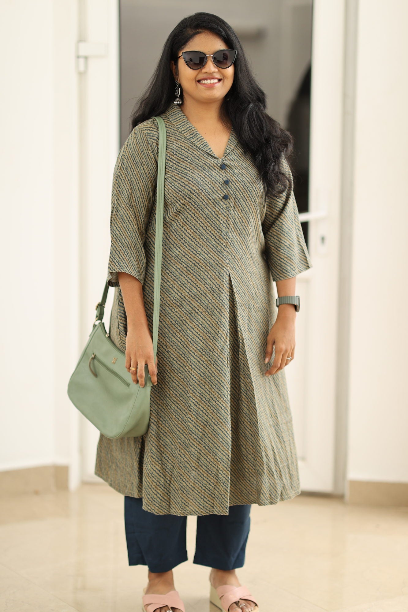 Olive indigo stripe kurta set, styled with a bag