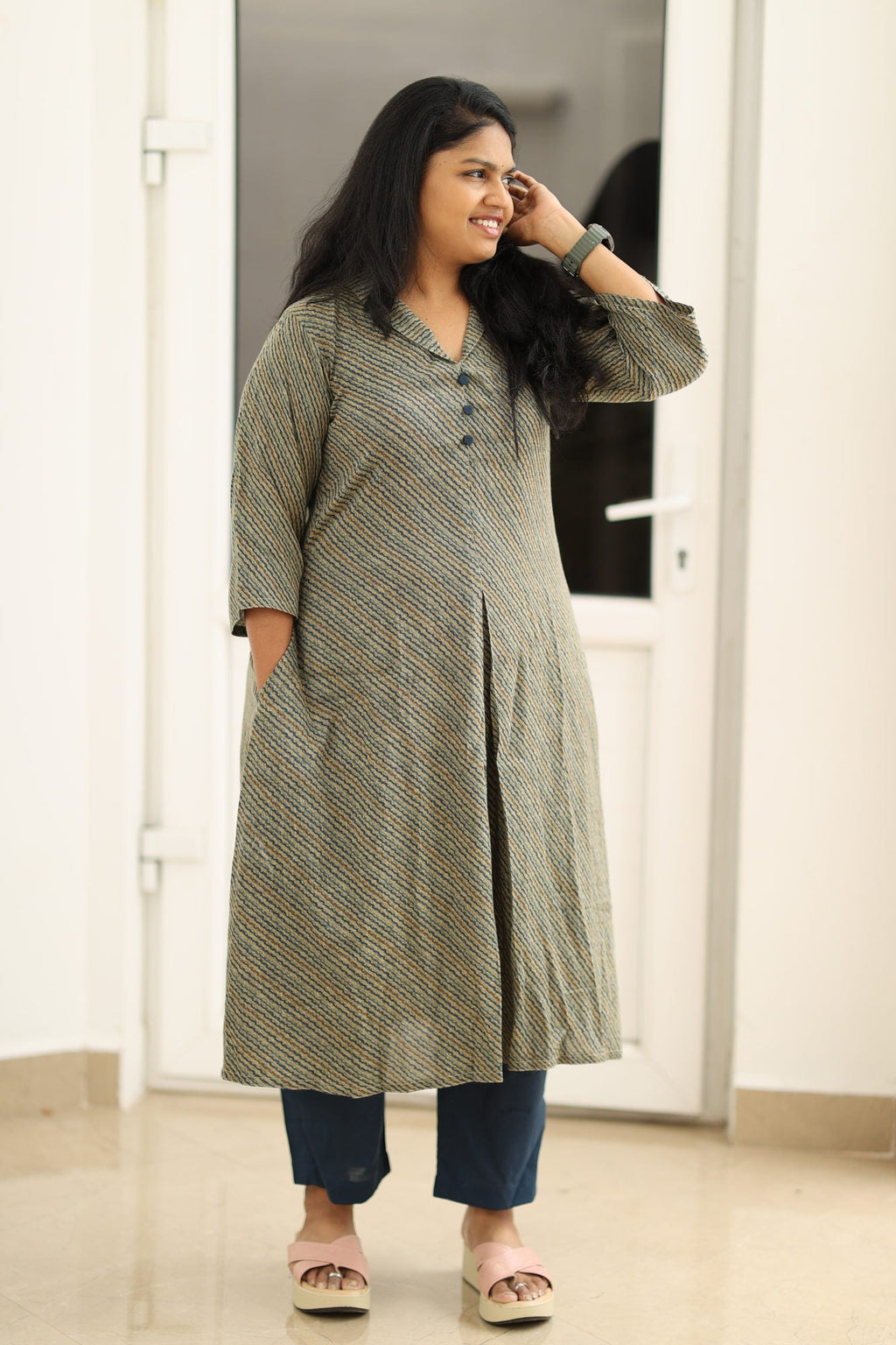 Olive indigo stripe kurta set, three-quarter view