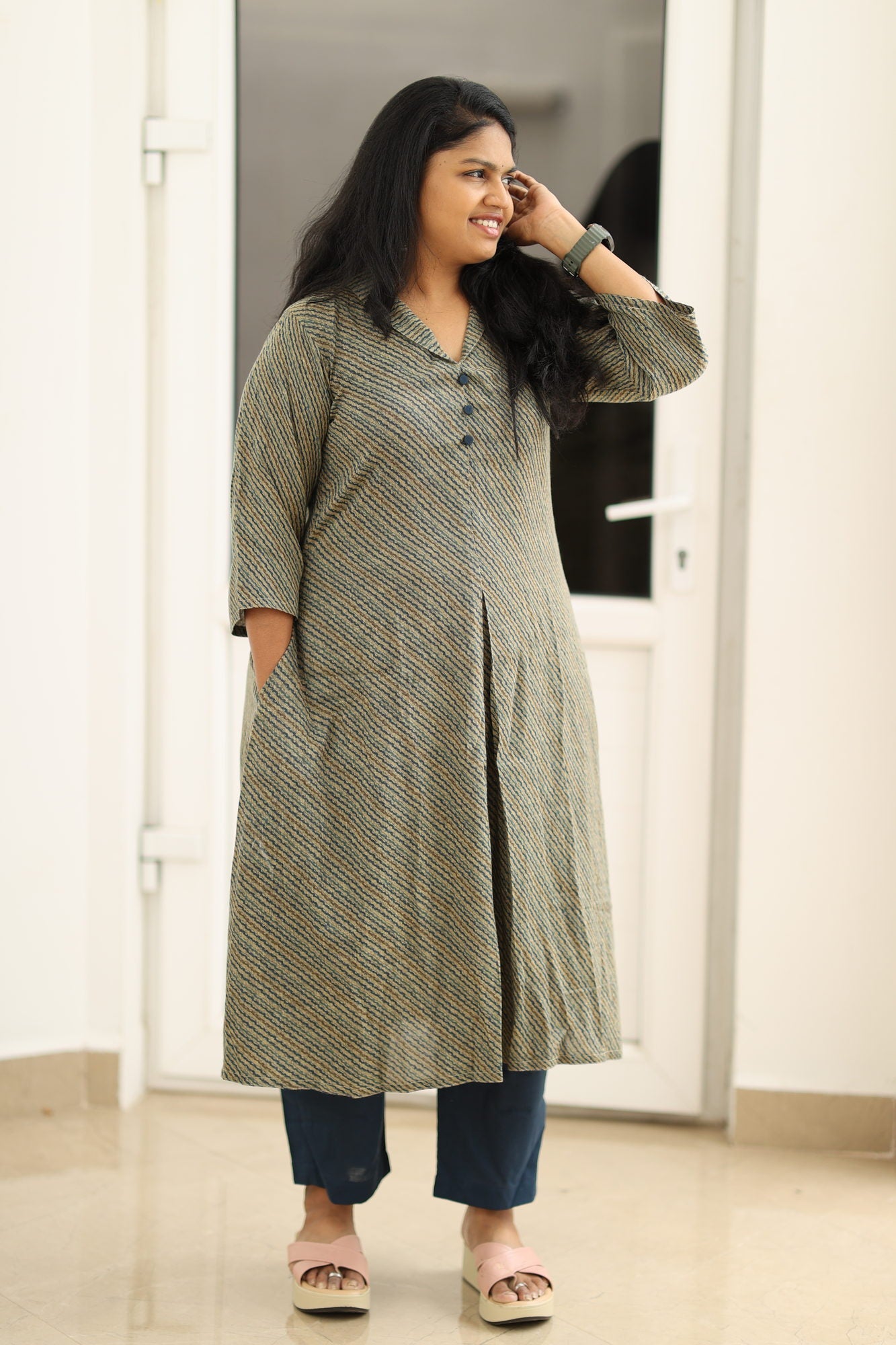 Olive indigo stripe kurta set, three-quarter view