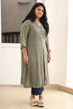Olive indigo stripe kurta set, three-quarter view