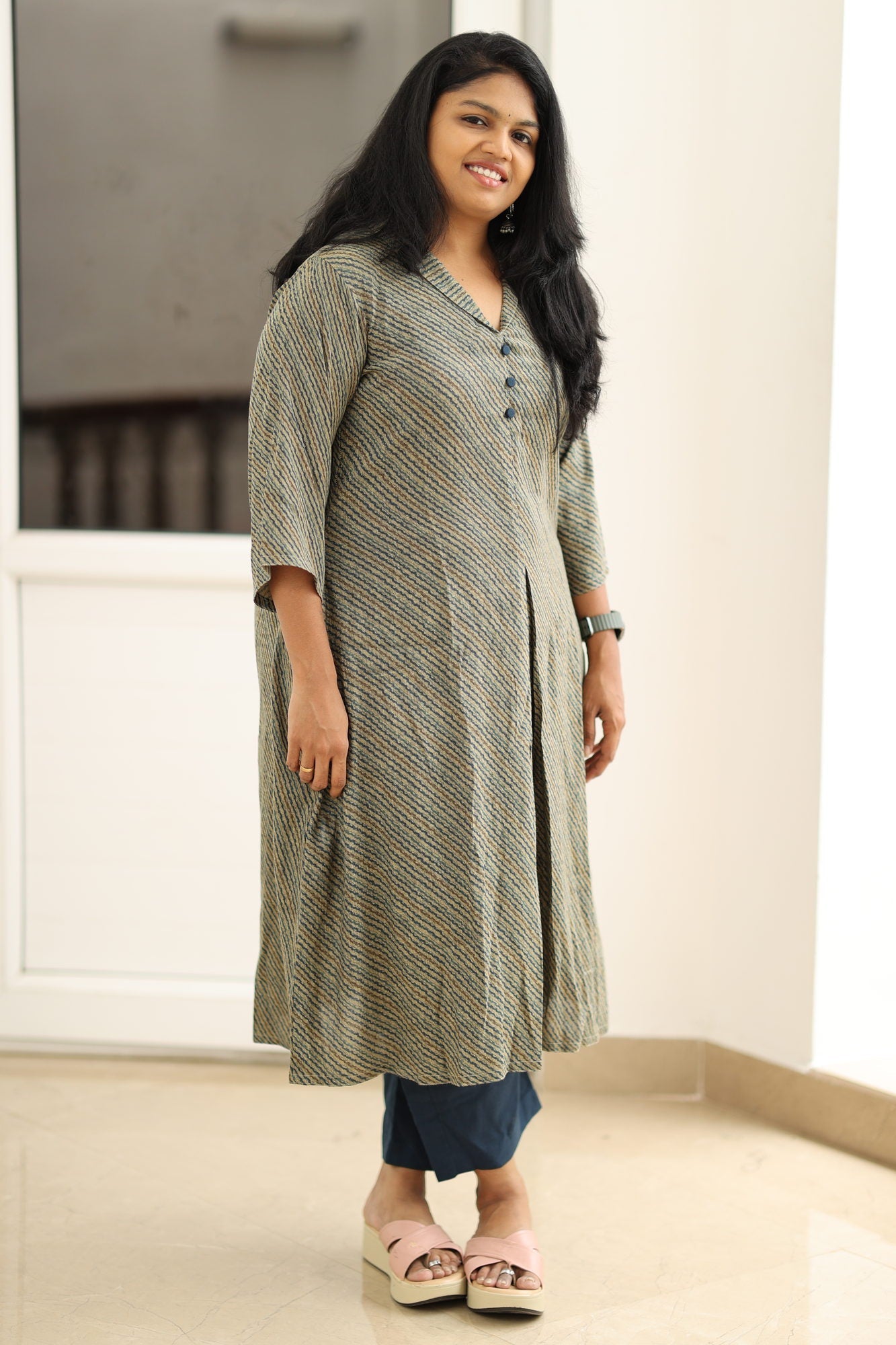 Olive indigo stripe kurta set, three-quarter view