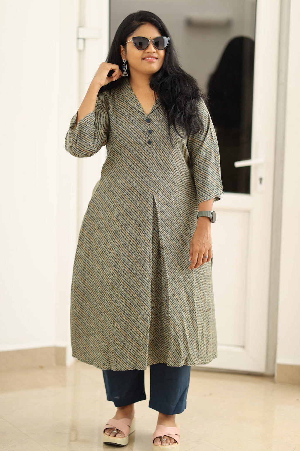 Olive indigo stripe kurta set, styled