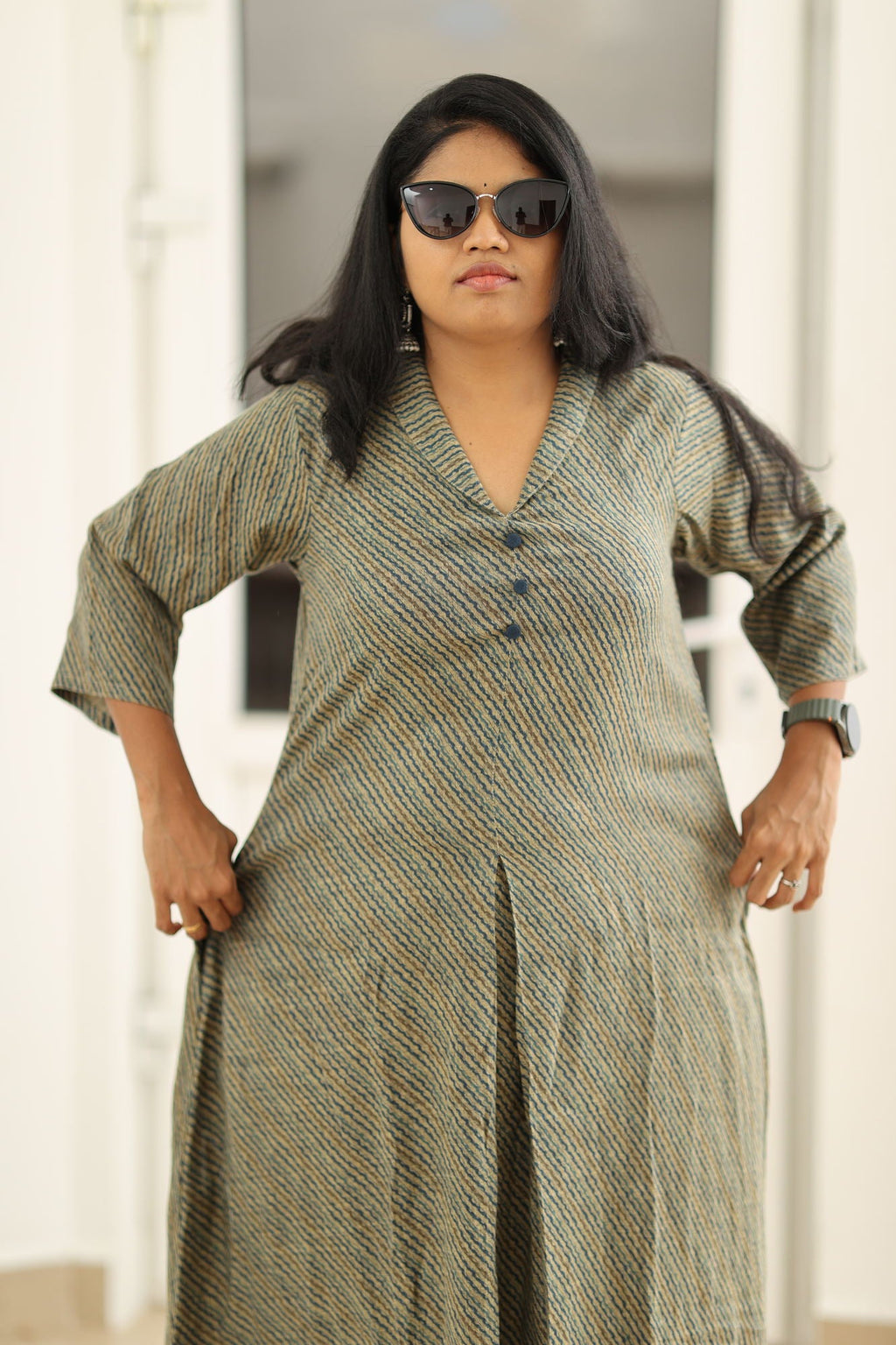 Olive indigo stripe kurta, upper body view
