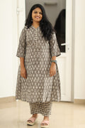 Grey dabu block print office kurta set, full view
