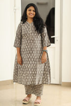 Grey dabu block print office kurta set, full view