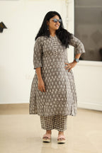 Grey dabu kurta set, styled