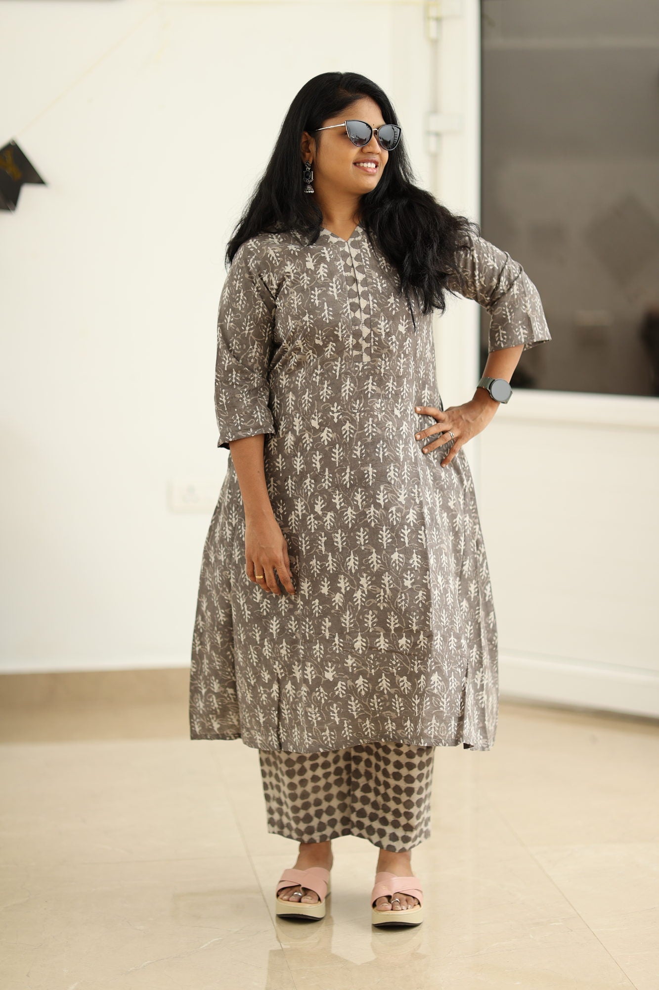 Grey dabu kurta set, styled