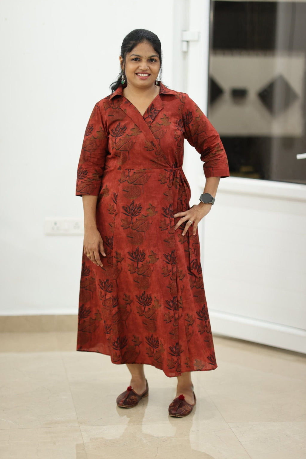 Madder red lotus print maxi dress, full front view